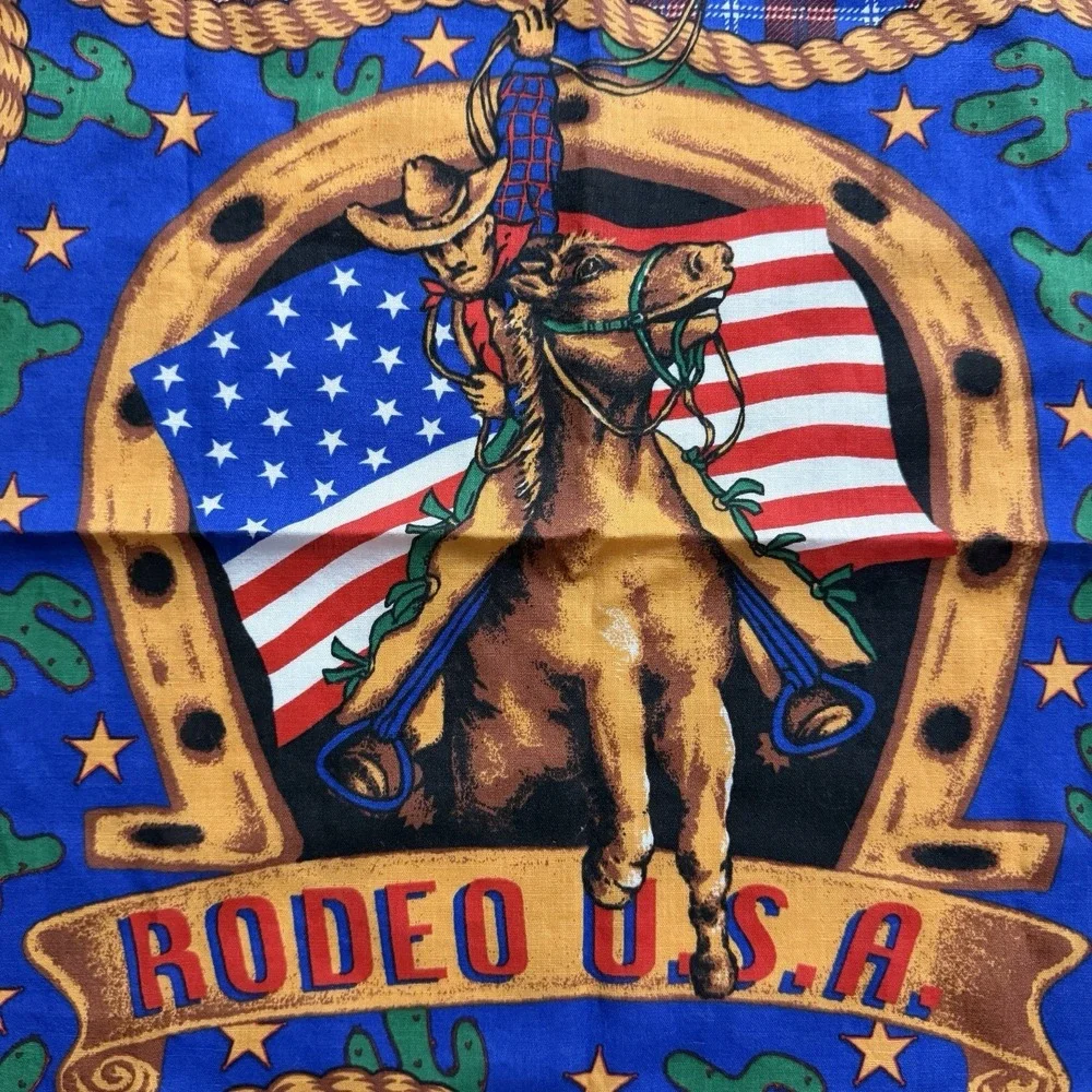 80s Deadstock Western Pictorial Bandana Red Cowboy Horse Handkerchief 20767 USA